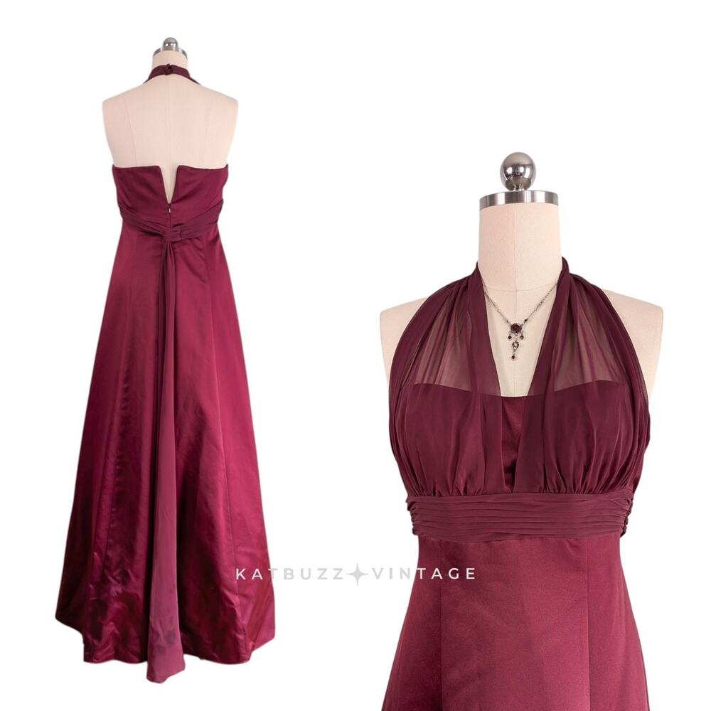 Vintage Prom Dress Maxi Gown 10 Red Babydoll Halter Goth Glam 90S Y2K Maroon - Picture 2 of 9